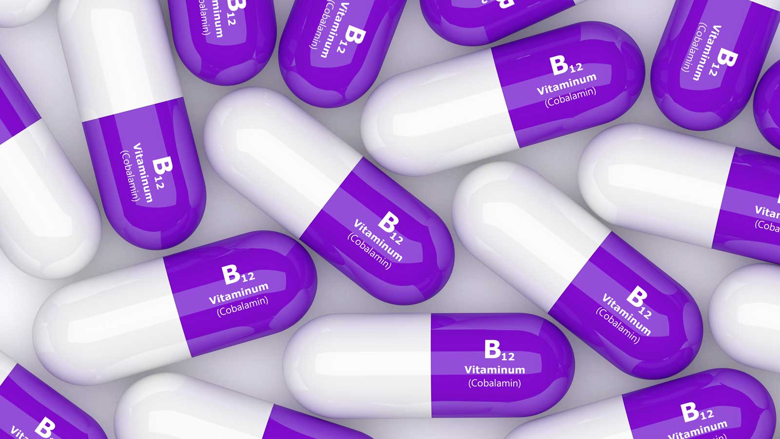 3d rendering of purple vitamin b12 capsules on a table