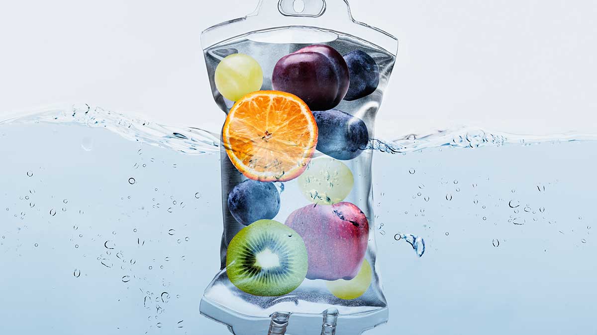 nutritional iv therapy bag concept with fruits in bag