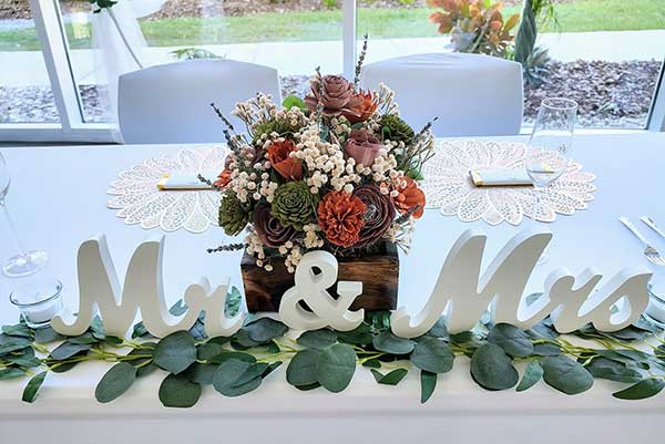 Mr & Mrs signs on table at wedding
