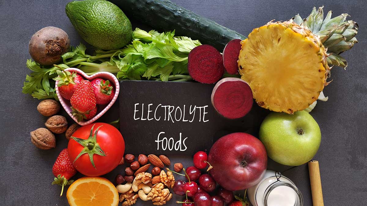 Healthy food high in electrolytes. Fresh fruit and vegetable as natural sources of electrolytes. Foods to naturally replenish electrolytes.