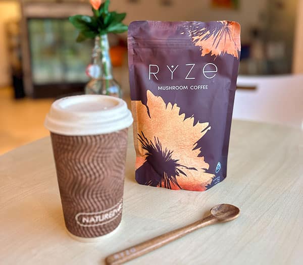 ryze mushroom coffee at cafe in Spring Hill, FL