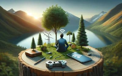 A person sitting in a peaceful, natural setting with a smartphone and other wireless devices turned off and set aside, surrounded by trees, a lake, and mountains, symbolizing a disconnect from technology and a connection with nature.