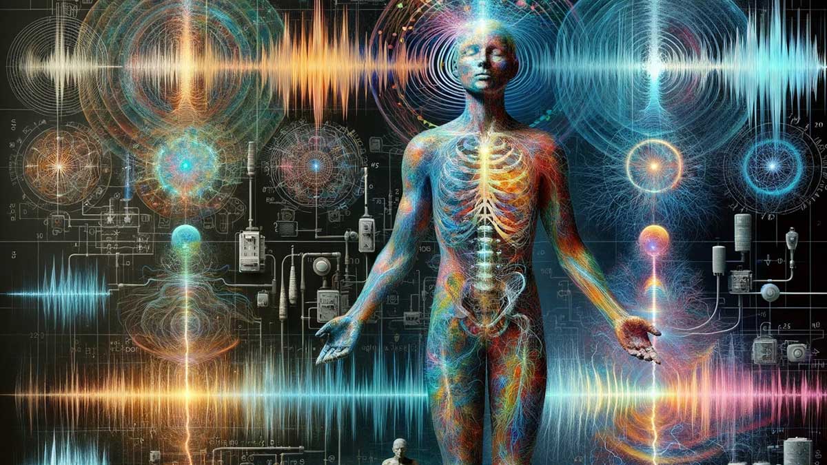 Artistic depiction of the human body with electrical circuits and natural frequencies, contrasting calm natural frequencies with chaotic, high-frequency electromagnetic fields (EMFs) from devices like cell phones and power lines.