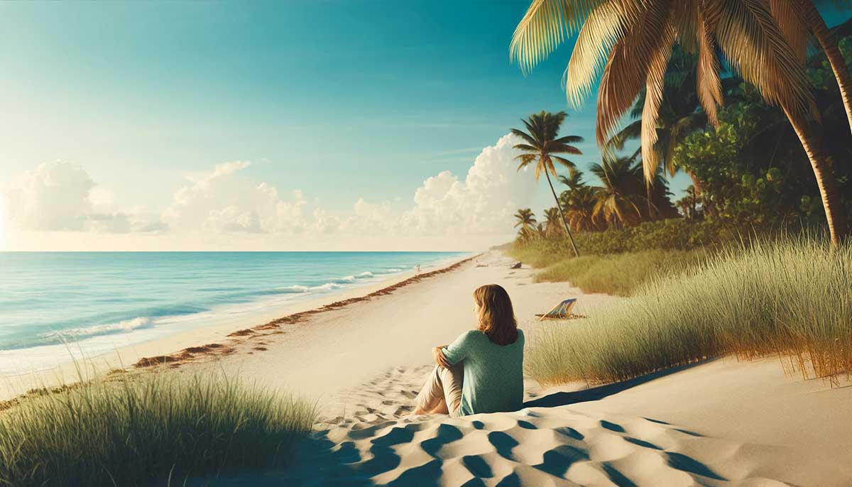 A woman relaxing on a Florida beach, sitting on the sand with the ocean and palm trees in the background, enjoying the peaceful environment.