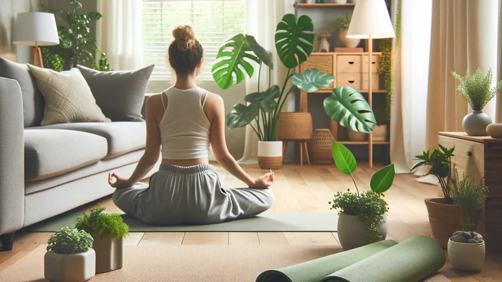 A woman practicing yoga or meditation at home in a peaceful setting, featuring a yoga mat, houseplants, and soft lighting to convey a holistic and calming environment.