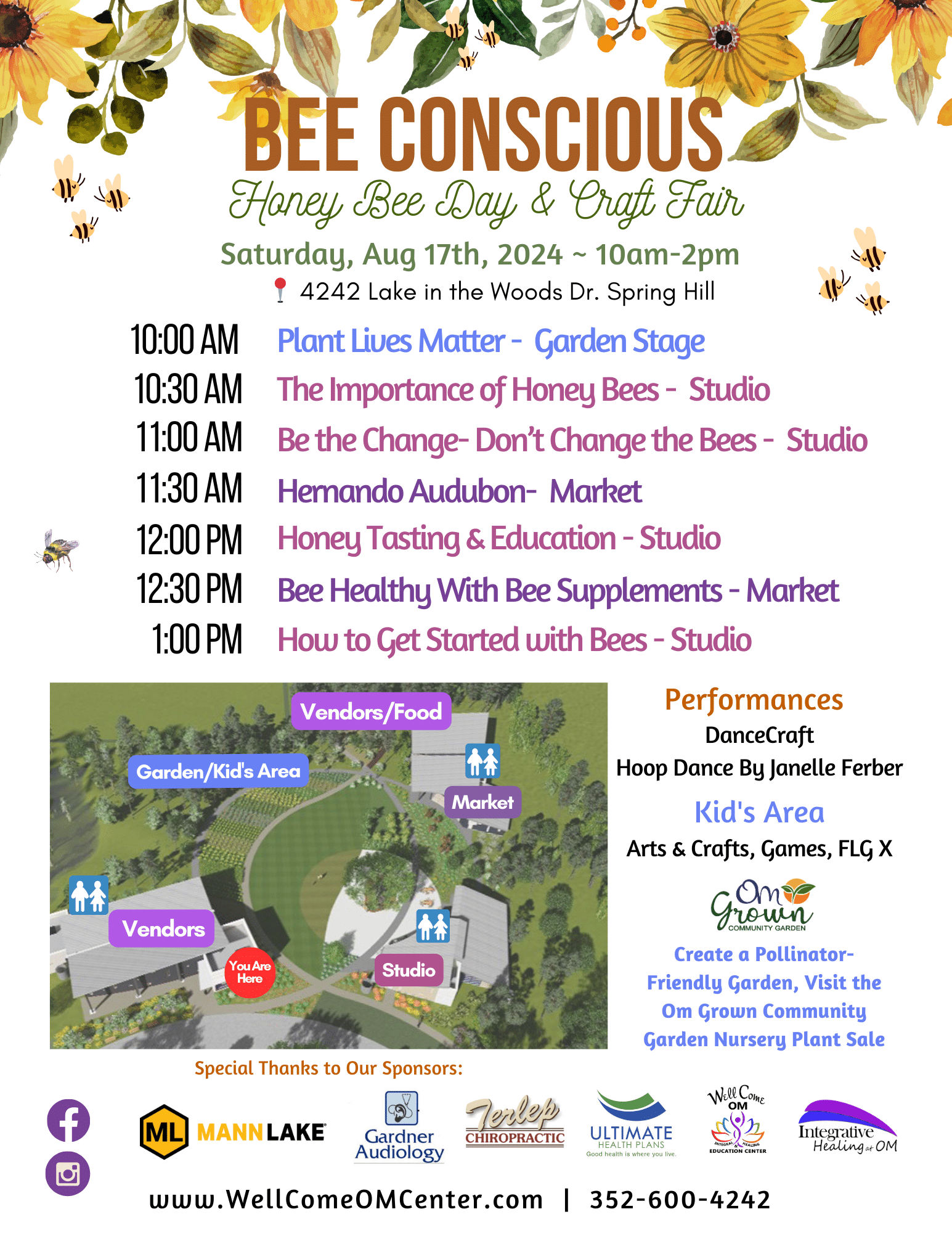 Colorful flyer promoting the '2024 Bee Conscious: Honey Bee Day & Craft Fair' on Saturday, August 17, from 10 am to 2 pm at The Wellcome Om Center in Spring Hill, FL. Featuring educational workshops on pollinators, craft vendors, and food. Sponsors listed at the bottom.