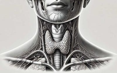 Detailed anatomical illustration of the thyroid gland, showing its butterfly shape and location at the base of the neck, with surrounding structures such as the trachea and blood vessels.