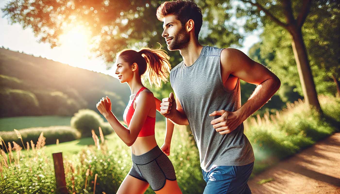 a man and woman running together for exercise in an outdoor setting