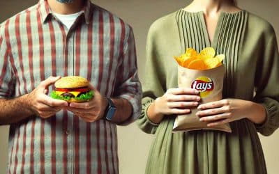 A man in a plaid shirt holds a juicy hamburger, while a woman in an olive dress clutches a bag of Lay's potato chips. The scene unfolds like a modern "Battle of the Bulge," highlighting the contrast between their naturally tempting food choices.